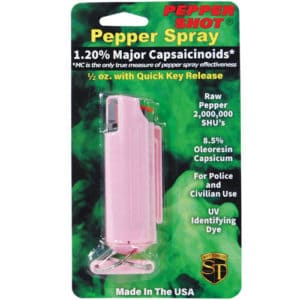 Pepper Shot 1.2% MC 1/2 oz pepper spray hard case belt clip and quick release keychain Pink Pepper Shot 1.2% MC 1/2 oz pepper spray hard case belt clip and quick release keychain Pink