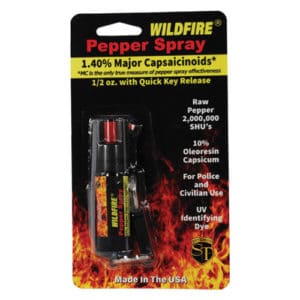 Wildfire 1.4% MC 1/2 oz pepper spray belt clip and quick release keychain Package View Wildfire 1.4% MC 1/2 oz pepper spray belt clip and quick release keychain Package View