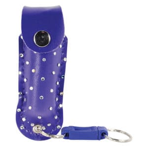 Wildfire 1.4% MC 1/2 oz with rhinestone leatherette holster Blue and quick release keychain Front View