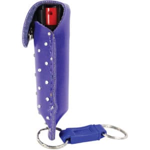 Wildfire 1.4% MC 1/2 oz with rhinestone leatherette holster Blue and quick release keychain Side View