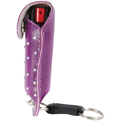 Wildfire 1.4% MC 1/2 oz with rhinestone leatherette holster purple and quick release keychain side View Wildfire 1.4% MC 1/2 oz with rhinestone leatherette holster purple and quick release keychain Side View