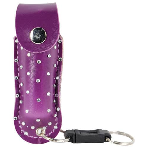 Pepper Shot 1.2% MC 1/2 oz rhinestone leatherette holster and quick release keychain purple Pepper Shot 1.2% MC 1/2 oz rhinestone leatherette holster and quick release keychain purple