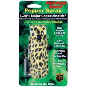 Pepper Shot 1/2 oz Pepper Spray Leatherette Holster – Cheetah Black/Yellow Pepper Shot 1/2 oz Pepper Spray Leatherette Holster – Cheetah Black/Yellow